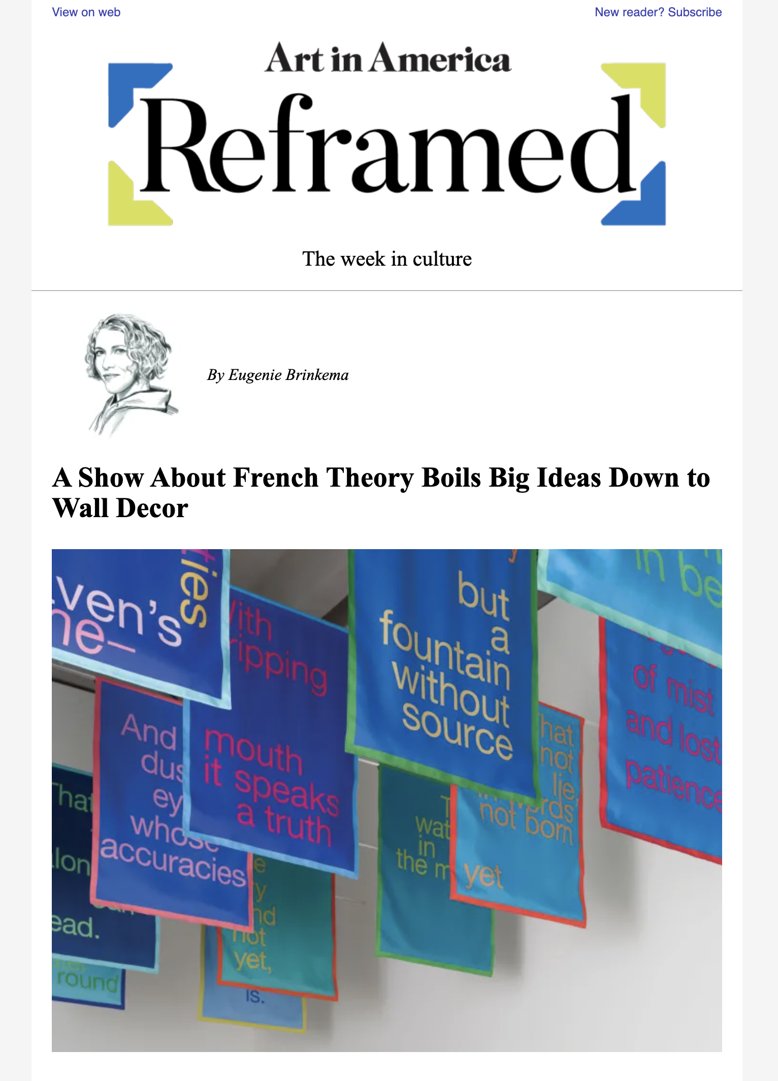 Art in America | Prof Eugenie Brinkema attends a show about French Theory, boils big ideas down to wall decor: “Echo Delay Reverb: American Art, Francophile Thought,” an ambitious show at Palais de Tokyo conceived by Naomi Beckwith
